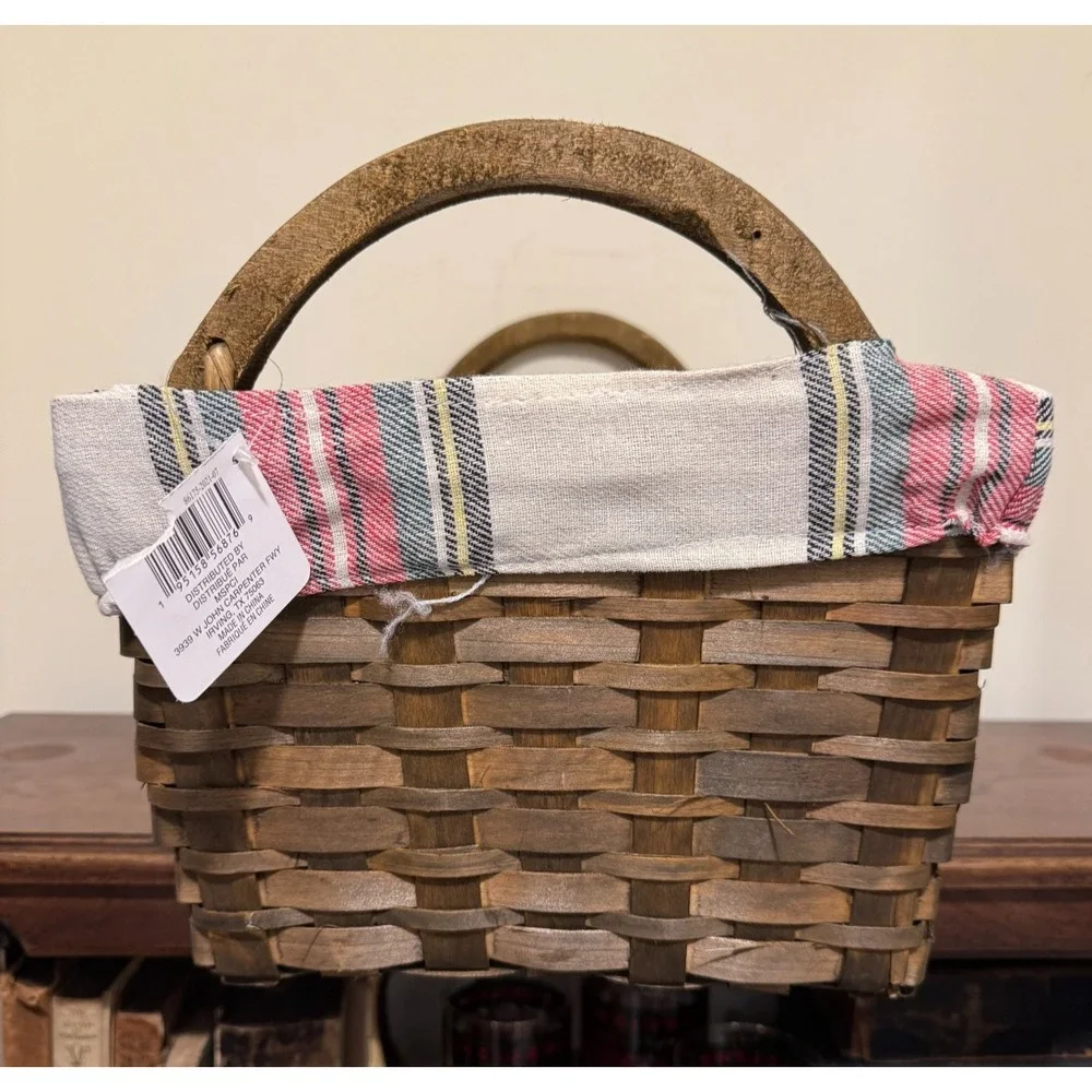 Ashland Christmas Flannel Plaid Lined Woven Basket Wooden Handles 17x11 Storage